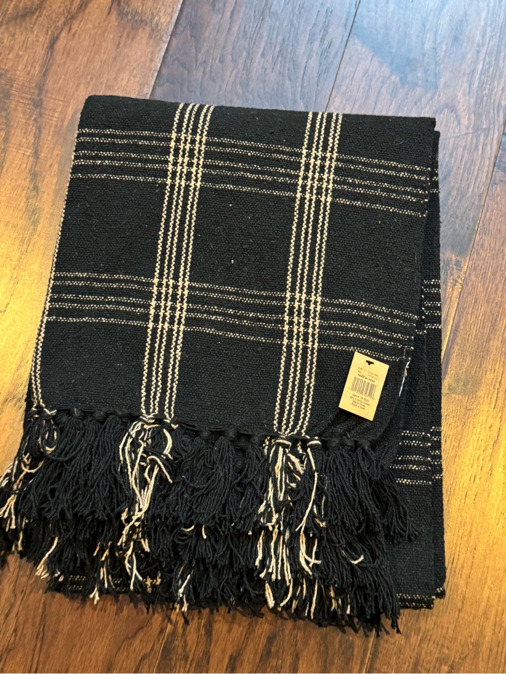 Creative Co-Op Plaid Black & Tan Fringed Woven Cotton Blend Throw 60 inch x50